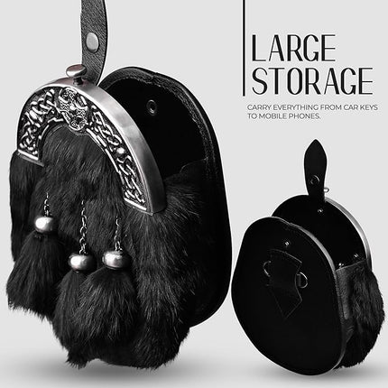 Formal Black Rabbit Fur Sporran with Black Cross Antique Cantle