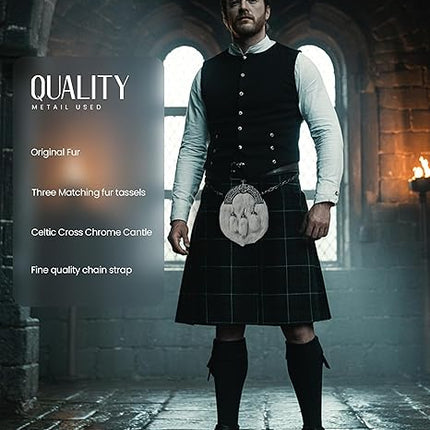 Formal White Rabbit Fur Sporran with Cross Chrome Cantle