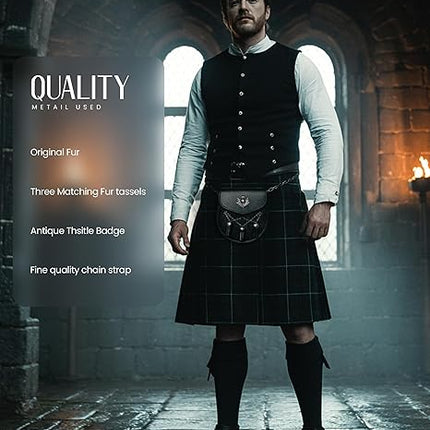 Semi Dress Leather Sporran w/ Thistle Badge I Black Plain