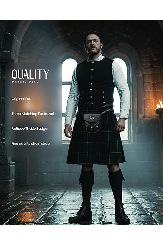 Deluxe Leather Sporran Black with Thistle Antique