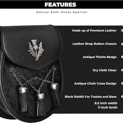 Semi Dress Leather Sporran w/ Thistle Badge I Black Plain