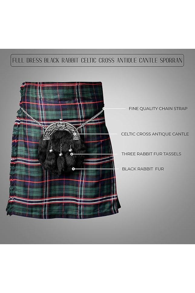 Formal Black Rabbit Fur Sporran with Black Cross Antique Cantle