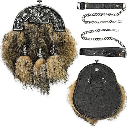 Coyote Fur Sporran with Thistle Antique Cantle