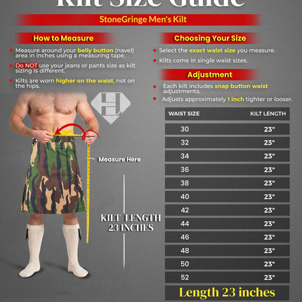 StoneGringe Men’s Camouflage Utility Kilt  - Rugged Ripstop Cotton tactical men kilt with brass hardware