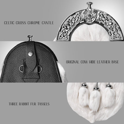 Formal White Rabbit Fur Sporran with Cross Chrome Cantle