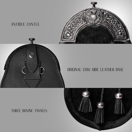 Formal Black Bovine Sporran with Black Thistle Antique Cantle