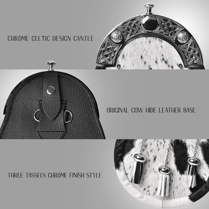 Formal White & Black Bovine Sporran with Celtic Chrome Cantle