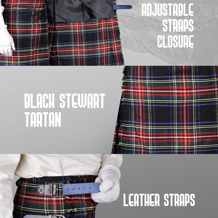 Kilt for Men I Black Stewart Tartan Kilt Polyviscose 8 Yard Traditional Men Kilt | Big & Tall