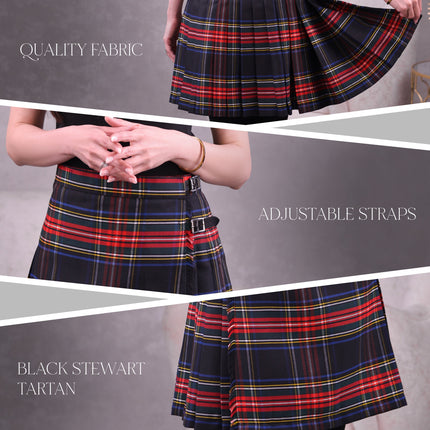 Woman Plaid Kilt - Black Stewart Tartan Kilt - Premium Quality & Timeless Style