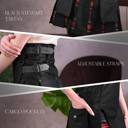 Women's Hybrid Utility Kilt | Black Stewart Tartan
