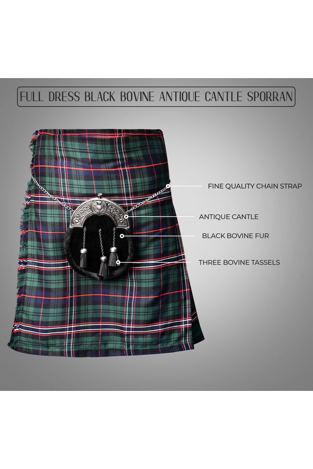Formal Black Bovine Sporran with Black Thistle Antique Cantle