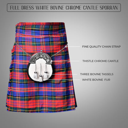 Formal White Bovine Sporran with Chrome Cantle