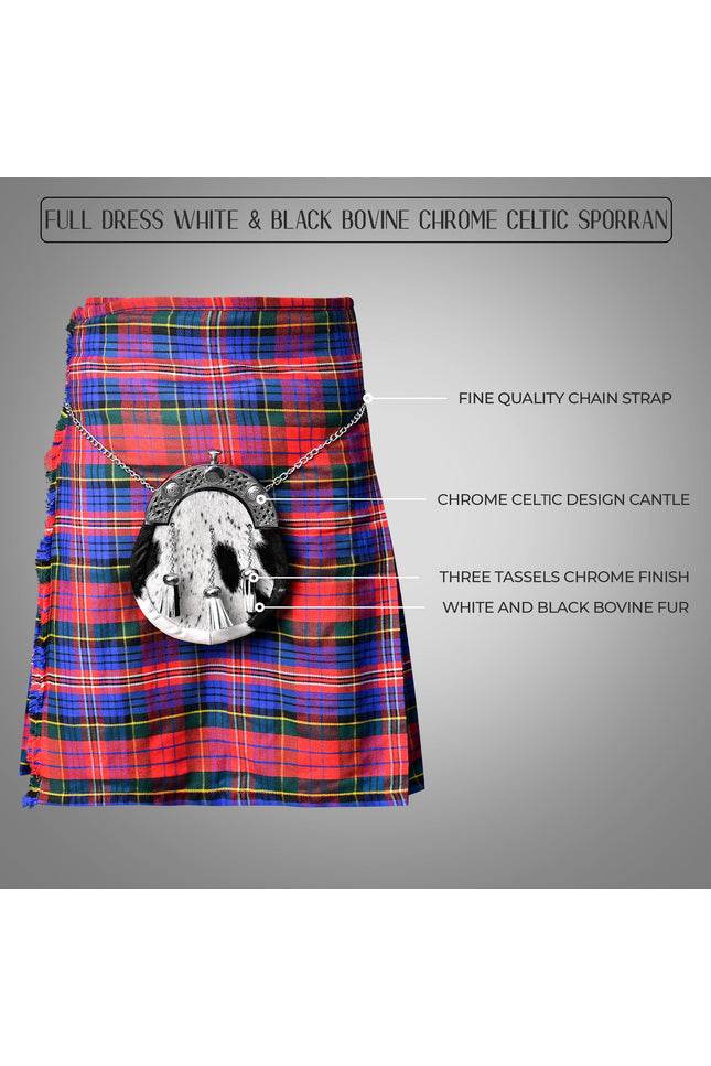 Formal White & Black Bovine Sporran with Celtic Chrome Cantle