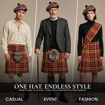 Tam O'Shanter Hat with Pompom | Firefighter Tartan