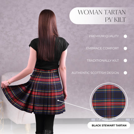 Woman Plaid Kilt - Black Stewart Tartan Kilt - Premium Quality & Timeless Style