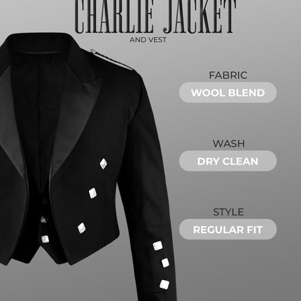 Black Prince Charlie Jacket & Vest -  Traditional Elegance with Modern Craftsmanship