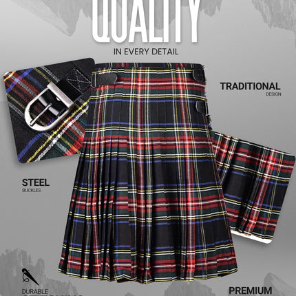 Kilt for Men I Black Stewart Tartan Kilt Polyviscose 8 Yard Traditional Men Kilt | Big & Tall