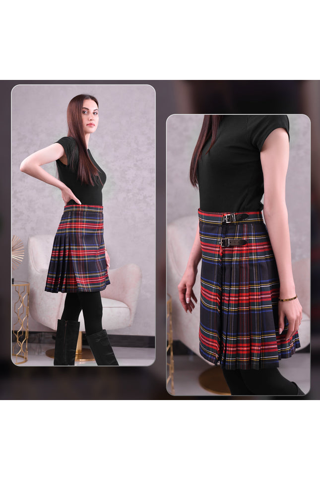 Woman Plaid Kilt - Black Stewart Tartan Kilt - Premium Quality & Timeless Style | Big & Tall