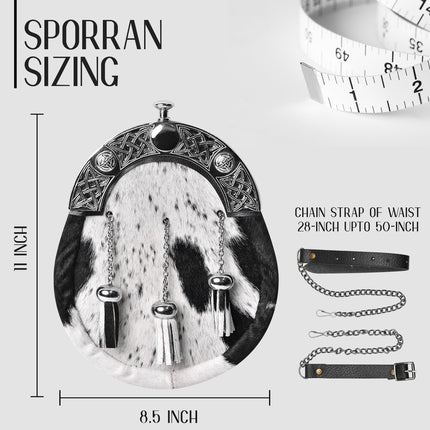 Formal White & Black Bovine Sporran with Celtic Chrome Cantle
