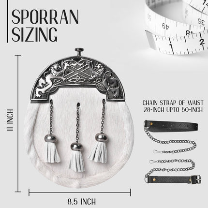 Formal White Bovine Sporran with Antique Lion Rampant Cantle