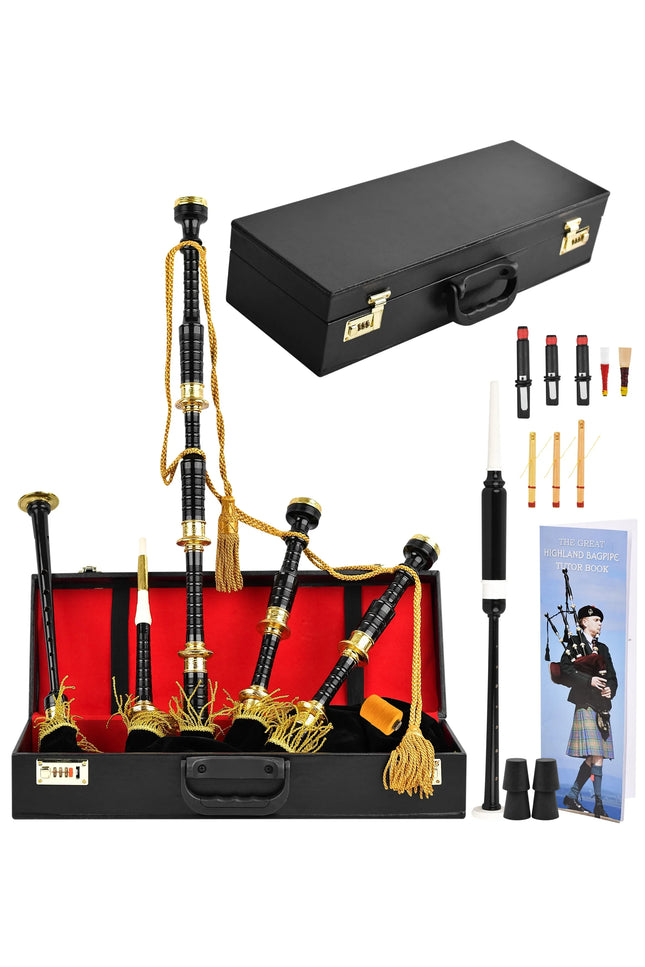 Full Size Rosewood  Bagpipe| Lead-Free Glossy Black Finish | Gold-Engraved Mounts & Ferrules | Hard Case | Premium Reeds + FREE Practice Chanter