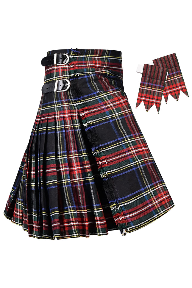 Kilt for Men I Black Stewart Tartan Kilt Polyviscose 8 Yard Traditional Men Kilt