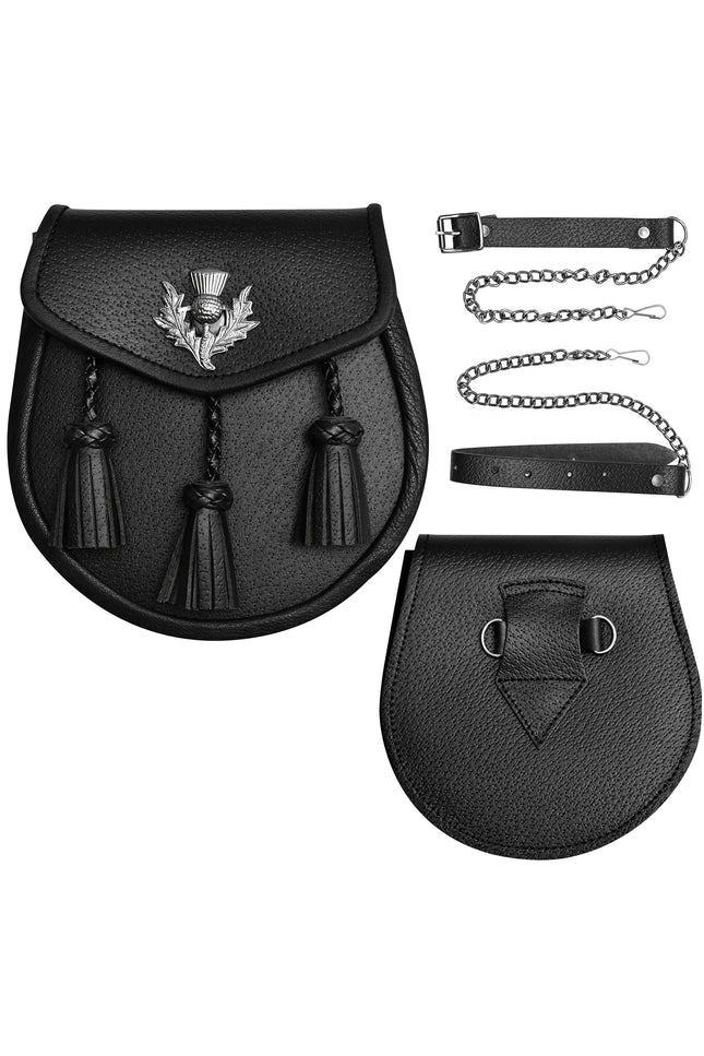 Semi Dress Leather Sporran w/ Thistle Badge I Black Plain