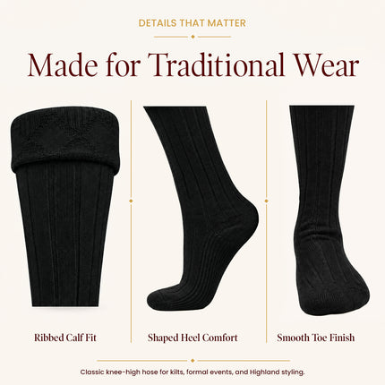 Comfortable Wool Blend Black Kilt Hose | High-Quality Kilt Socks