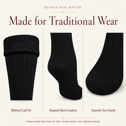 Comfortable Wool Blend Black Kilt Hose | High-Quality Kilt Socks
