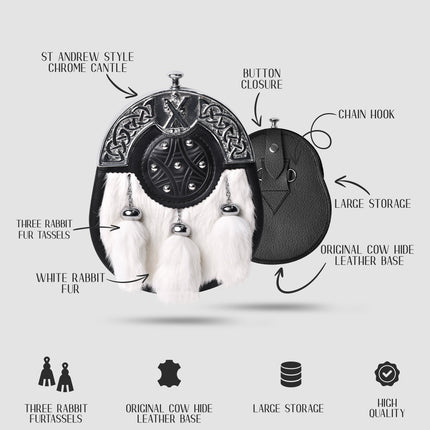 Formal White Rabbit Fur Sporran with St. Andrew Chrome Cantle