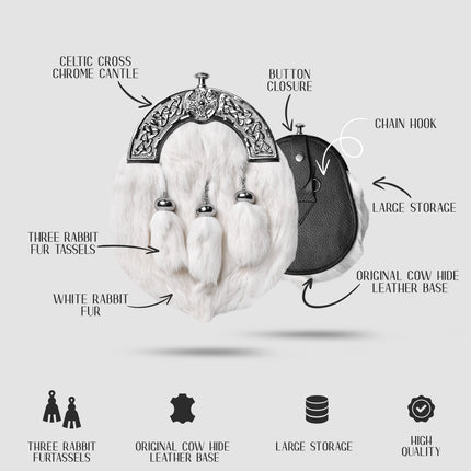 Formal White Rabbit Fur Sporran with Cross Chrome Cantle