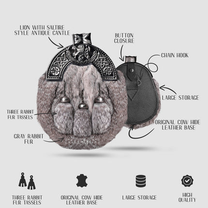 Formal Gray Rabbit Fur Sporran with Gray Lion Antique Cantle