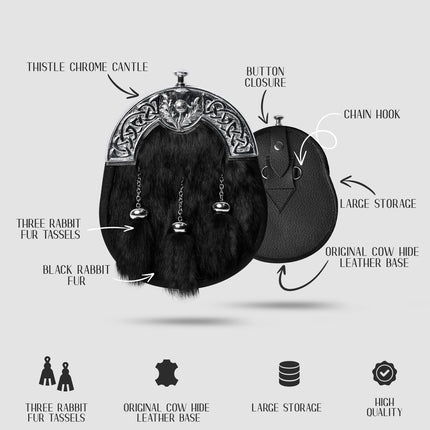 Formal Black Rabbit Fur Sporran with Thistle  Chrome Cantle