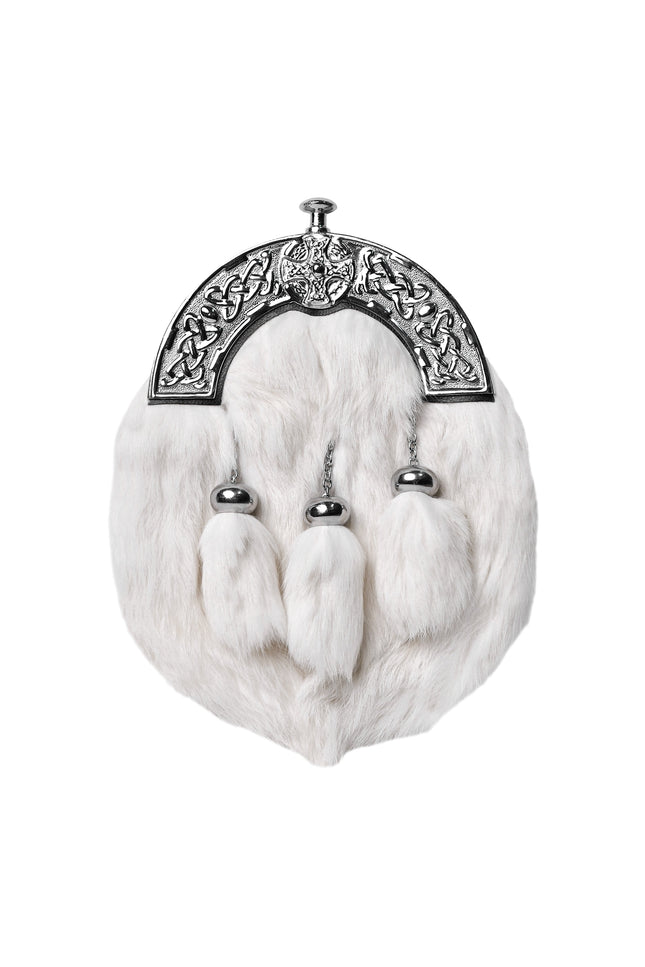 Formal White Rabbit Fur Sporran with Cross Chrome Cantle