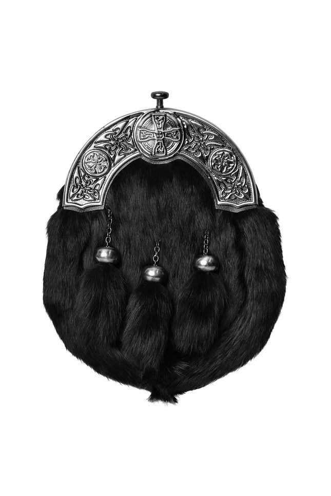 Formal Black Rabbit Fur Sporran with Black Celtic Antique Cantle
