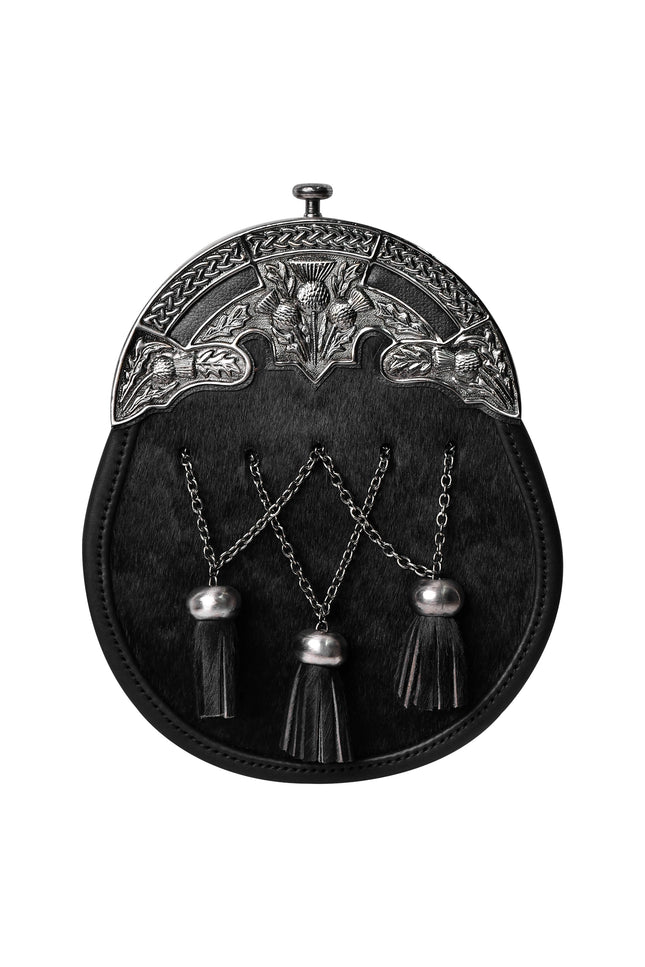 Formal Black Bovine Cross Chain Sporran with Thistle Antique Cantle