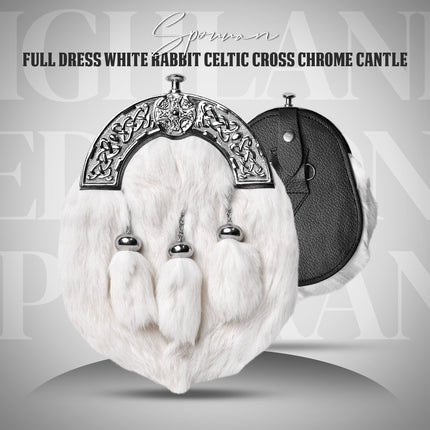 Formal White Rabbit Fur Sporran with Cross Chrome Cantle