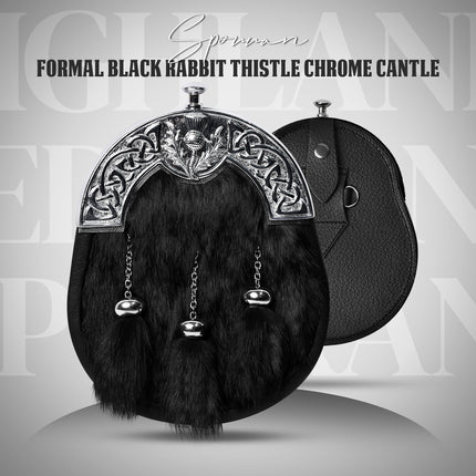 Formal Black Rabbit Fur Sporran with Thistle  Chrome Cantle